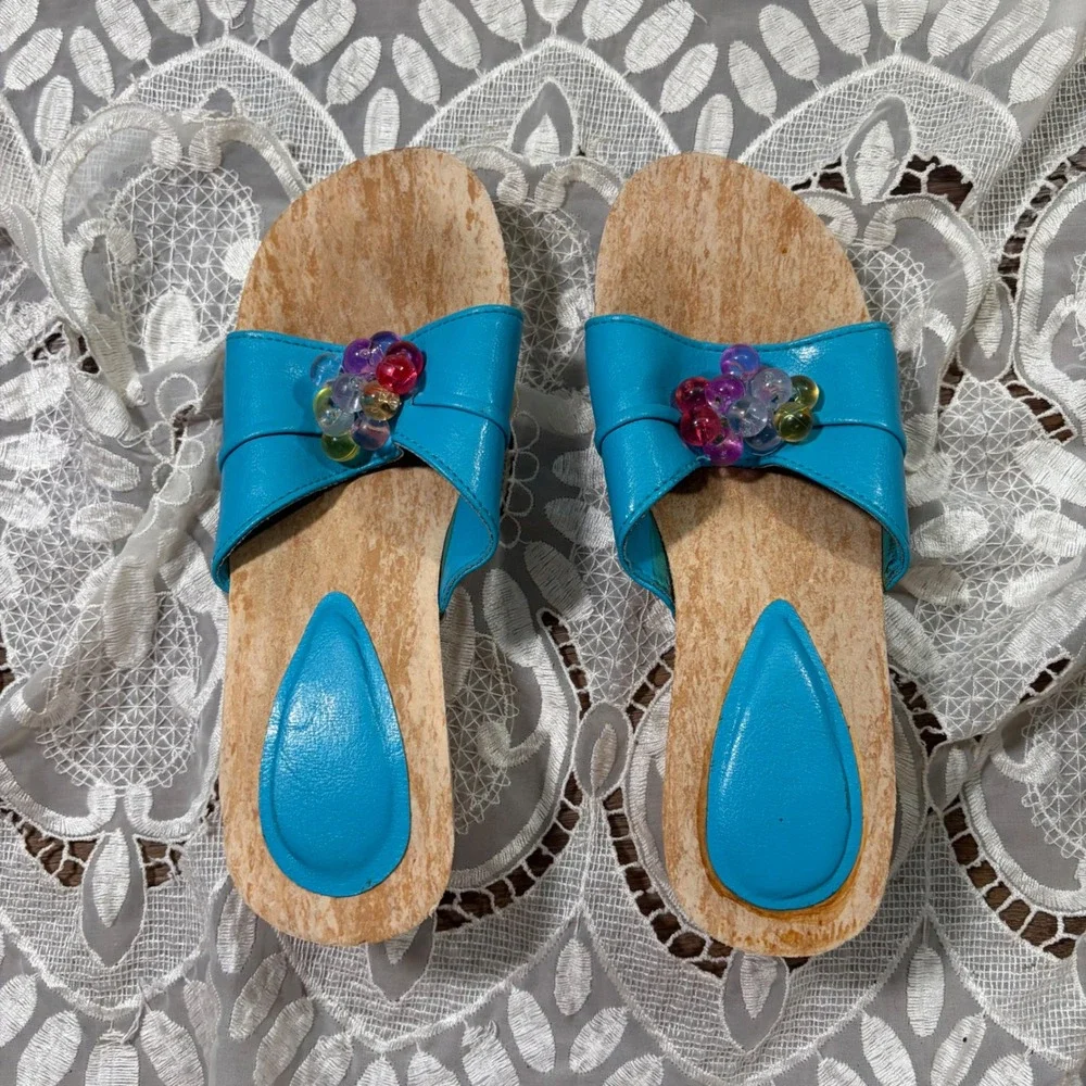 Vintage Y2K Teal Blue Beaded Wooden Platform Wedge Slide SandalsL 9-10